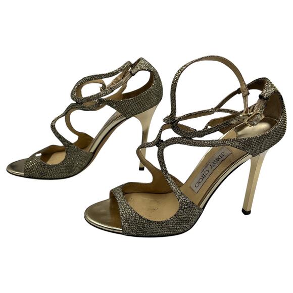 Jimmy Choo Lang Glitter Strappy Heeled Sandals Gold Silver Size 37 US 7 - Picture 3 of 10
